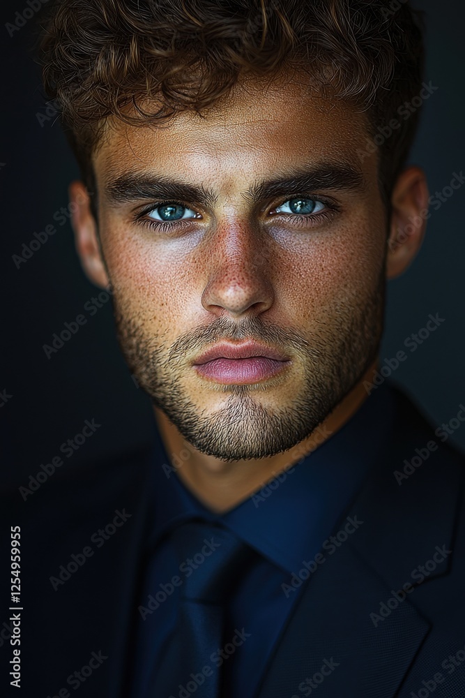 Obraz premium Young man with striking blue eyes and stylish attire poses confidently against a dark background