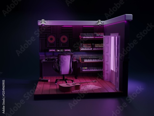 3D miniature music studio with synthesizers, guitar, and creative purple lighting.