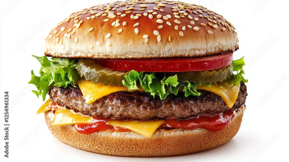 A vibrant burger features layers of juicy beef, melted cheese, fresh lettuce, tangy pickles, and ripe tomatoes nestled within a sesame seed bun. Perfect for a satisfying meal at any time A vibrant burger features layers of juicy beef, melted cheese, fresh lettuce, tangy pickles, and ripe tomatoes nestled within a sesame seed bun. Perfect for a satisfying meal at any time