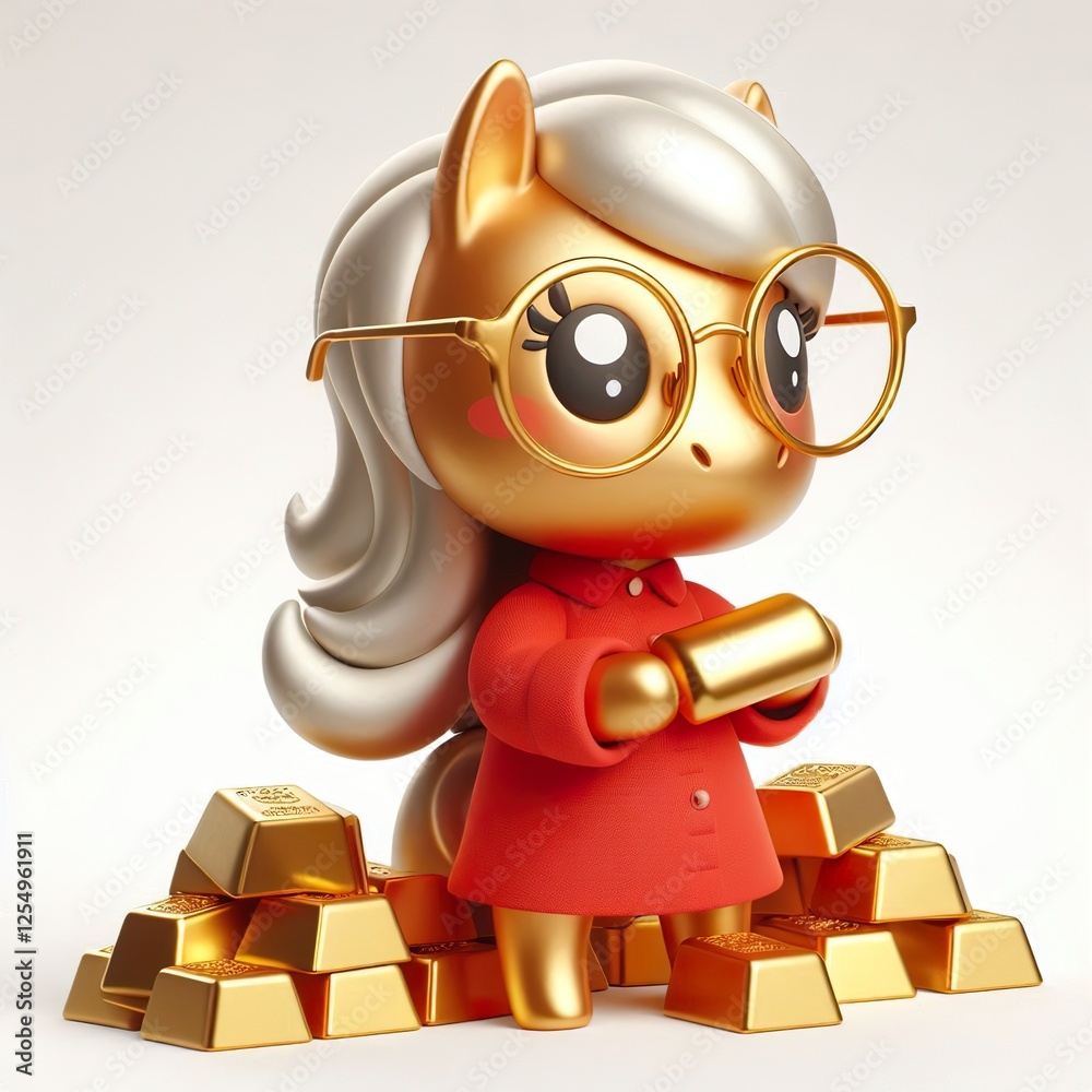 a cute Golden Pony Wealth Mascot in red dress, Gold Bars, Rich, Cute, Lucky, Chinese New Year a cute Golden Pony Wealth Mascot in red dress, Gold Bars, Rich, Cute, Lucky, Chinese New Year
