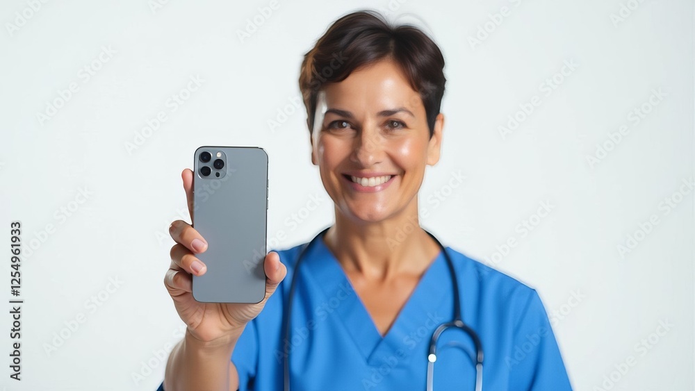 smiling female doctor in blue uniform recommends mobile app or website, medical services, isolated on white background smiling female doctor in blue uniform recommends mobile app or website, medical services, isolated on white background