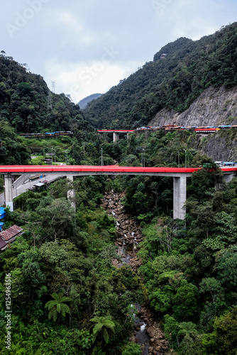 Aerial view of Kelok 9 or Kelok Sembilan, the iconic winding road in Lima Puluh Kota Regency, West Sumatera,Indonesia. photo