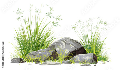Nature vector illustration with green grass, rocks, scenery clipart, transparent background, wild grass, outdoor landscape, scenic nature, natural rocks, grass design, landscape view