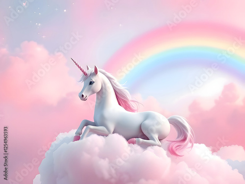 A whimsica pastel rainbow unicorn background shines with sparkling stars against a soft, pink fantasy sky. Fairy iridescent gradient backdrop. photo