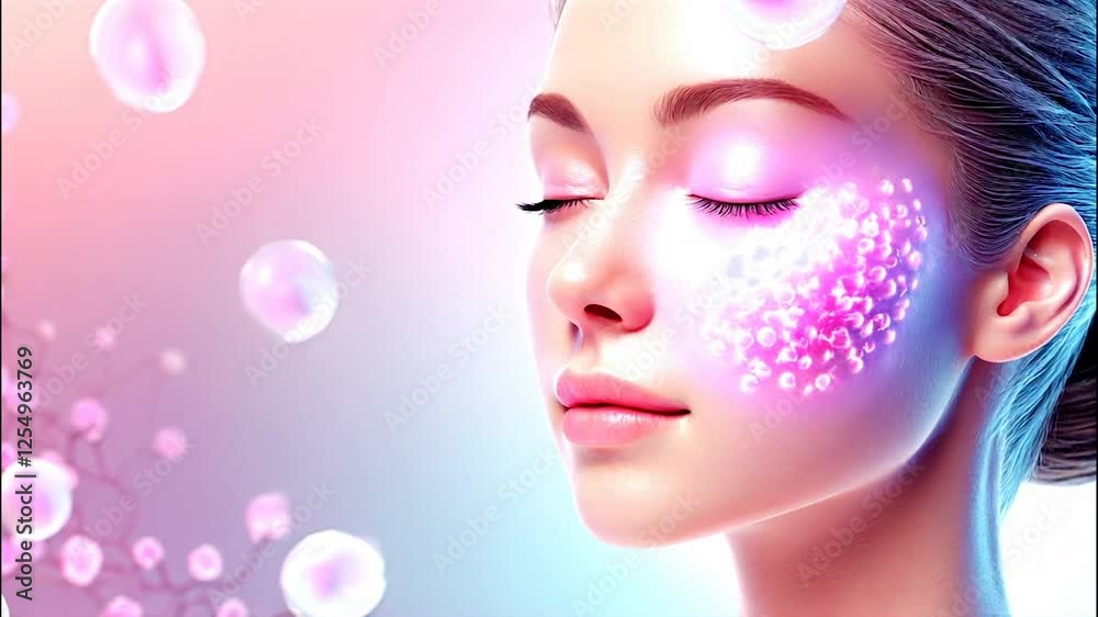 3D Animation of Stem cells floating around woman; images of regenerative medicine in which Stem cells in face glow and skin tissues are repaired and regenerated. Beauty medicine.