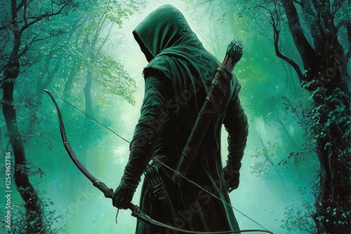 Intricate details bring the hooded archer and forest setting to life in this illustration.