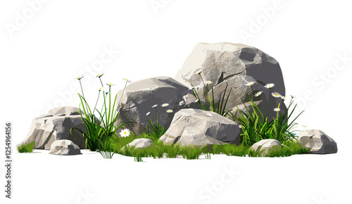 Vector illustration of nature, realistic landscape with rocks, grass, flowers, isolated background, beautiful scenery, natural environment, outdoor nature, tranquil view