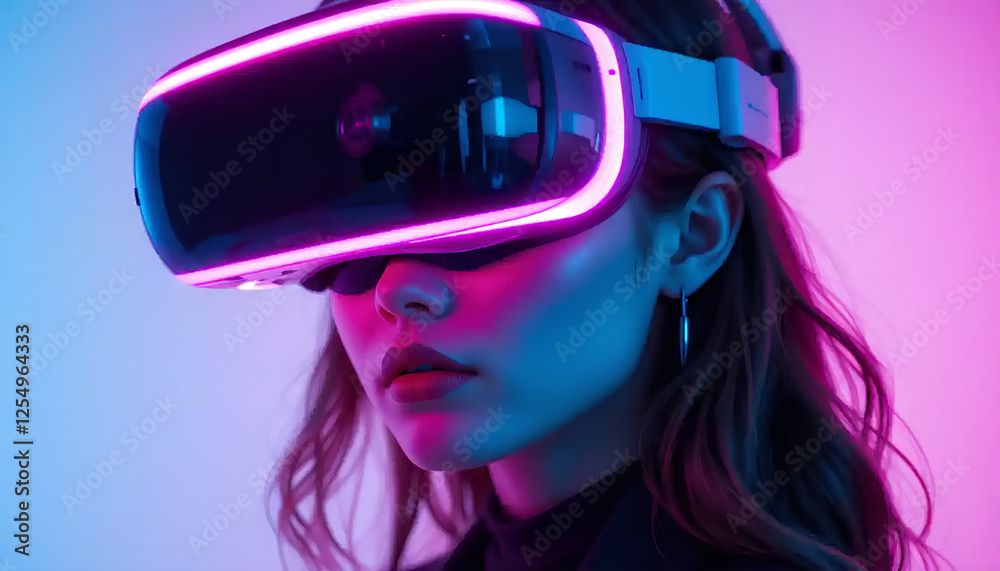 Woman Immersed in Virtual Reality Experience with Neon Lights Woman Immersed in Virtual Reality Experience with Neon Lights