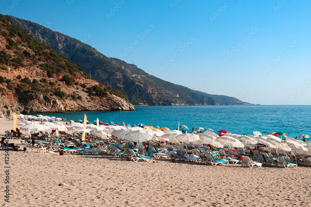 Fethiye, 20.08.2024: Panoramic view from Fethiye Oludeniz beach Turkey. Oludeniz is one of the most famous beach in Turkiye Fethiye, 20.08.2024: Panoramic view from Fethiye Oludeniz beach Turkey. Oludeniz is one of the most famous beach in Turkiye