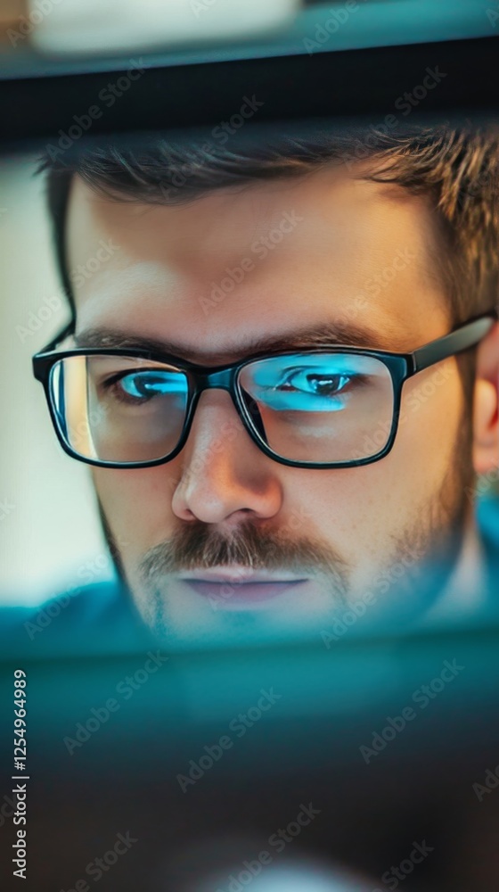 Fototapeta premium Focused man working late at night on a computer screen with glasses reflecting light