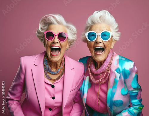 Glamorous Grannies! Two senior women rock bold suits & sunglasses against a pink backdrop. Radiating joy, style & confidence! Living life to the fullest with laughter & fabulous fashion