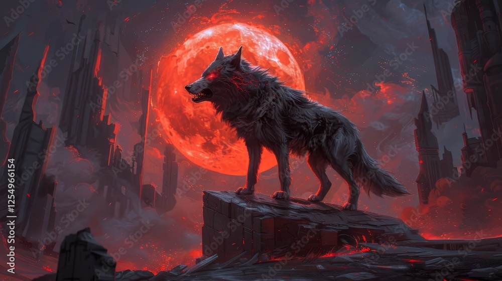 Epic dark fantasy art angry black wolf howling at full moon in a hellish landscape Epic dark fantasy art angry black wolf howling at full moon in a hellish landscape