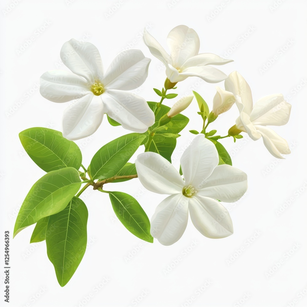Fototapeta premium Beautiful White Blossoms with Green Leaves on a Light Background for Floral Decoration and Design Projects