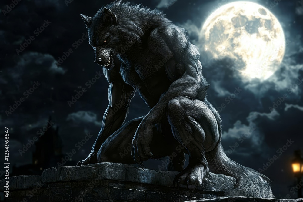 Fototapeta premium Full moon illuminates a detailed werewolf in a striking night scene.