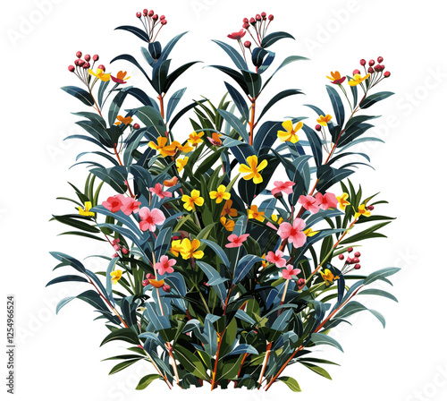 Vector illustration of ornamental shrub plants, flowery cutout backgrounds, png format, garden design, decorative flowers, floral nature, transparent leaves, plant background