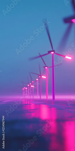 Futuristic neon wind turbines in a vibrant dusk landscape reflecting pink and blue hues sustainable energy concept
