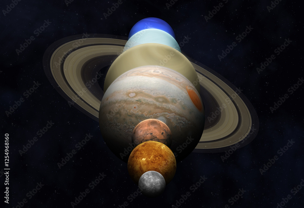 Planetary alignmen. A planetary alignment, or a planetary parade see seven planets - Mercury, Venus, Mars, Jupiter, Saturn, Uranus and Neptune. Elements of this image furnished by NASA.