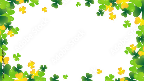 Green clover and gold coins background for St. Patrick's Day. Ornament of clover leaves and gold coins that bring good luck and happiness. Transparent background.