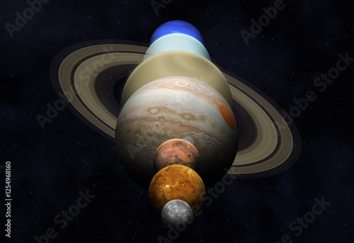 Obraz na płótnie Planetary alignmen. A planetary alignment, or a planetary parade see seven planets - Mercury, Venus, Mars, Jupiter, Saturn, Uranus and Neptune. Elements of this image furnished by NASA. w salonie