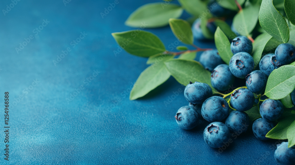 Fresh blueberries on vibrant blue backdrop with green leaves highlighting natural organic food concept Fresh blueberries on vibrant blue backdrop with green leaves highlighting natural organic food concept