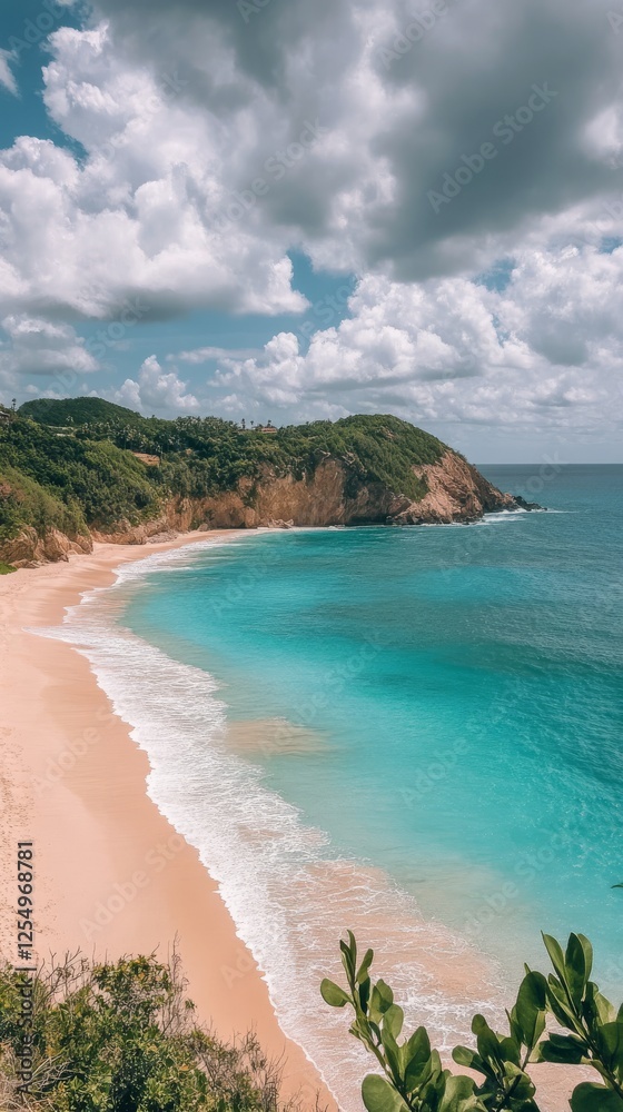 Beautiful beach with clear turquoise waters and soft sand under a cloudy sky in summer Beautiful beach with clear turquoise waters and soft sand under a cloudy sky in summer
