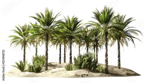Vector palm trees, desert sand, tropical forest, nature landscape, cutout backgrounds, summer scenery, exotic environment, sun, outdoor view, relaxing beach vibes