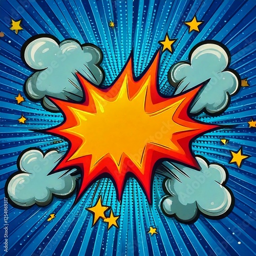 Retro comic speech bubble with colorful halftone shadow on blue stripes pattern. Vintage design, pop art style.