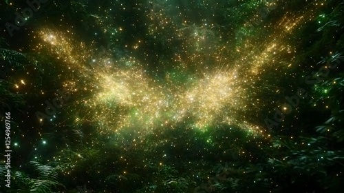 Ethereal Forest Canopy Bursting with Golden Light Particles and Verdant Foliage Radiance