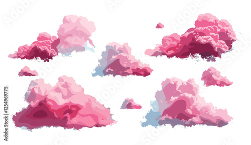 Soft pink clouds, cumulus shapes, vector illustration, transparency background, png, fluffy cloud shapes, pastel sky clouds, sky texture, soft cloud design, clear background clouds
