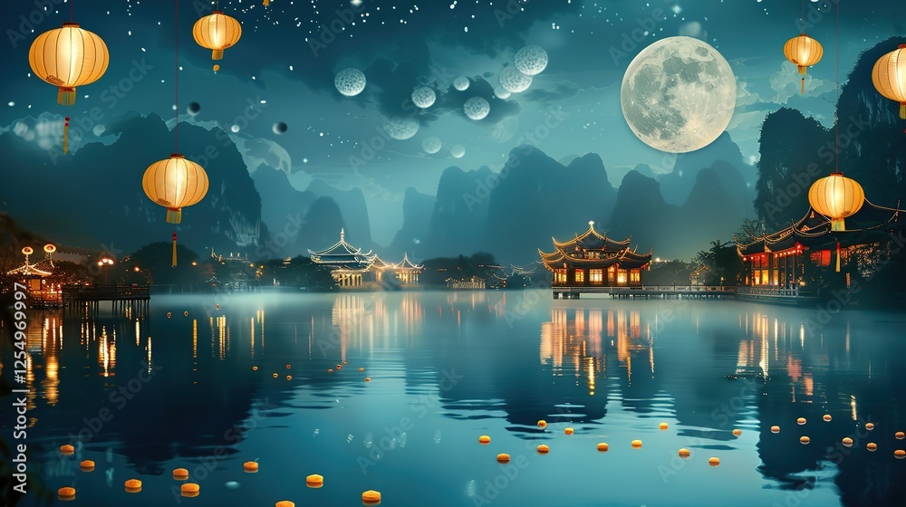 Luminous Lanterns and Delicate Mooncakes in a Serene Night Scene Embodying the Spirit of the Yuanxiao Festival Luminous Lanterns and Delicate Mooncakes in a Serene Night Scene Embodying the Spirit of the Yuanxiao Festival