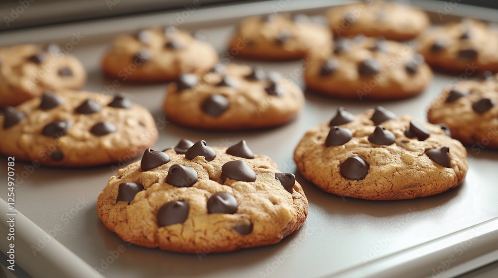 Cooked chocolate chip cookies sherved on plate. Cooked chocolate chip cookies sherved on plate.
