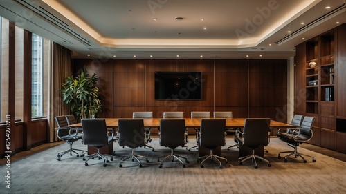 Modern boardroom with large conference table and sleek chairs. Warm lighting and elegant decor create a sophisticated atmosphere.