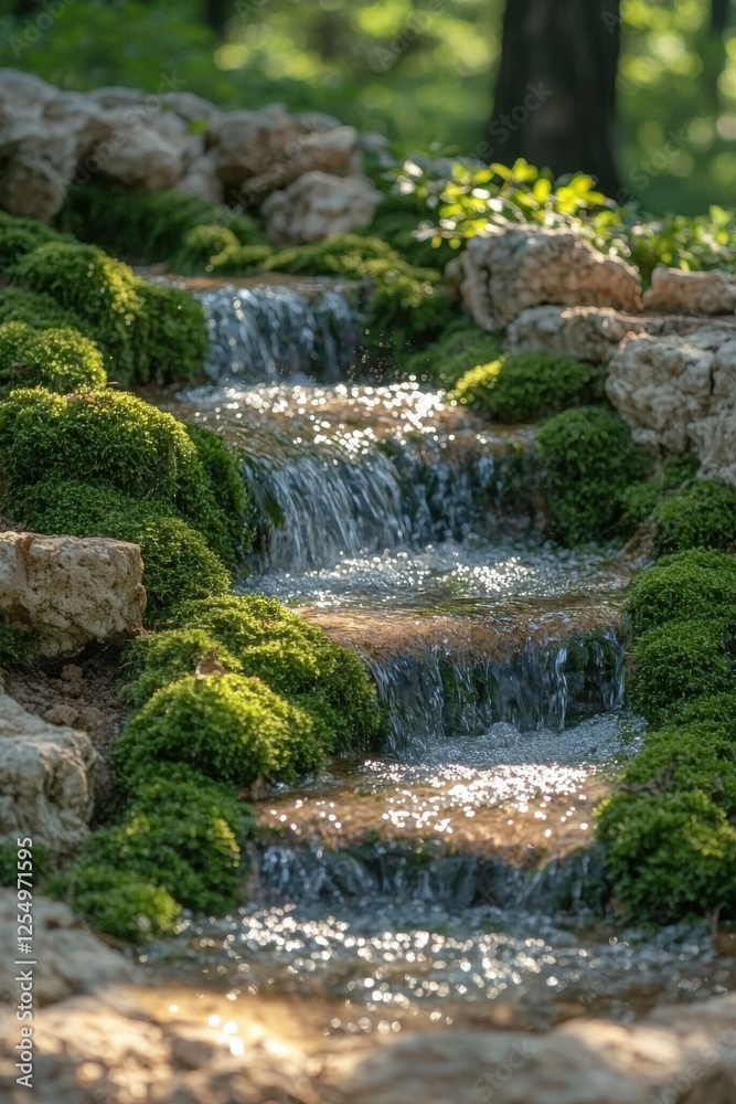 Serene waterfall flows over stone steps surrounded by lush green moss in a tranquil woodland setting during daytime Serene waterfall flows over stone steps surrounded by lush green moss in a tranquil woodland setting during daytime