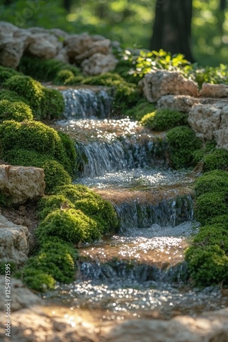 Serene waterfall flows over stone steps surrounded by lush green moss in a tranquil woodland setting during daytime