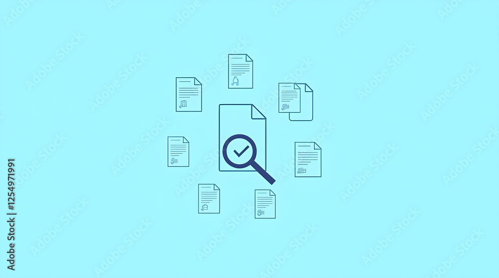 Document Verification Illustration: Magnifying Glass Inspecting Paper with Check Mark, Flat Design on Light Blue Background for Data Analysis Document Verification Illustration: Magnifying Glass Inspecting Paper with Check Mark, Flat Design on Light Blue Background for Data Analysis