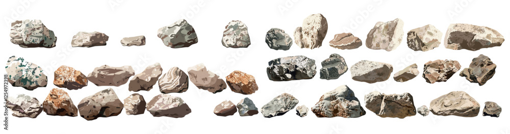Realistic vector landscape elements, natural stones, rocks, pebbles, transparent background, nature-inspired, texture design, stone landscape, outdoor decoration, earth tones