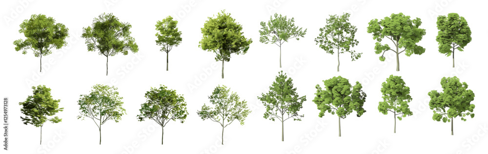 Realistic vector illustration of outdoor trees shapes, cutout backgrounds, PNG, nature, forest, leaf patterns, landscape, isolated trees, green foliage, eco-friendly design, nature scenery