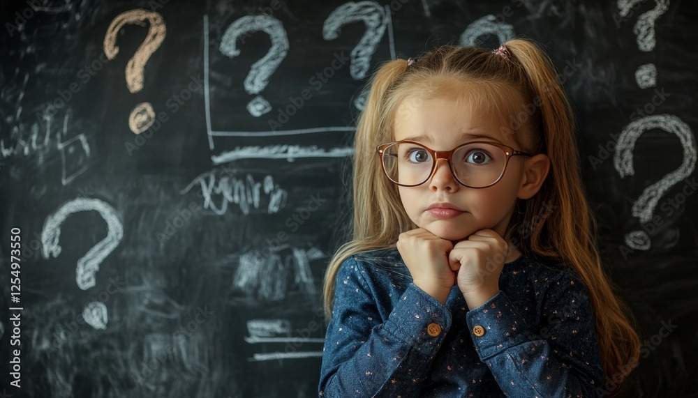 Little girl in glasses pondering ideas, surrounded by question marks on a chalkboard backdrop Little girl in glasses pondering ideas, surrounded by question marks on a chalkboard backdrop