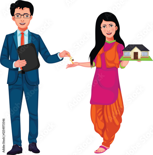 Real Estate Agent Selling House To Indian Women Cartoon Character Vector Illustration