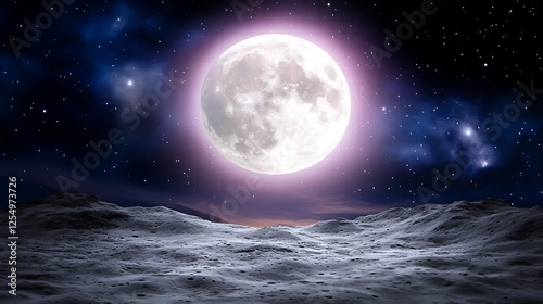 Ethereal Moonscape Fantasy with Sparkling Stars and Cosmic Light on Desolate Terrain Landscape
