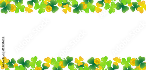 Green clover and gold coins background for St. Patrick's Day. Ornament of clover leaves and gold coins that bring good luck and happiness. Transparent background.