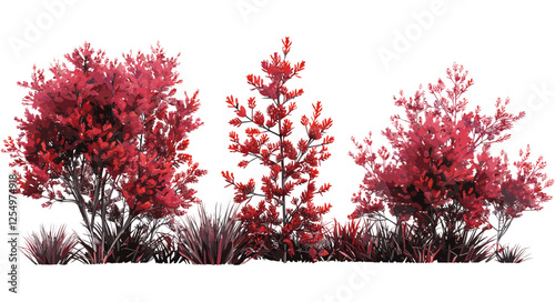 Red shrubs, plants vector, cutout, transparent background, isolated botanical design, eco-friendly foliage, nature art, greenery, garden illustration, leaf pattern, floral elements.