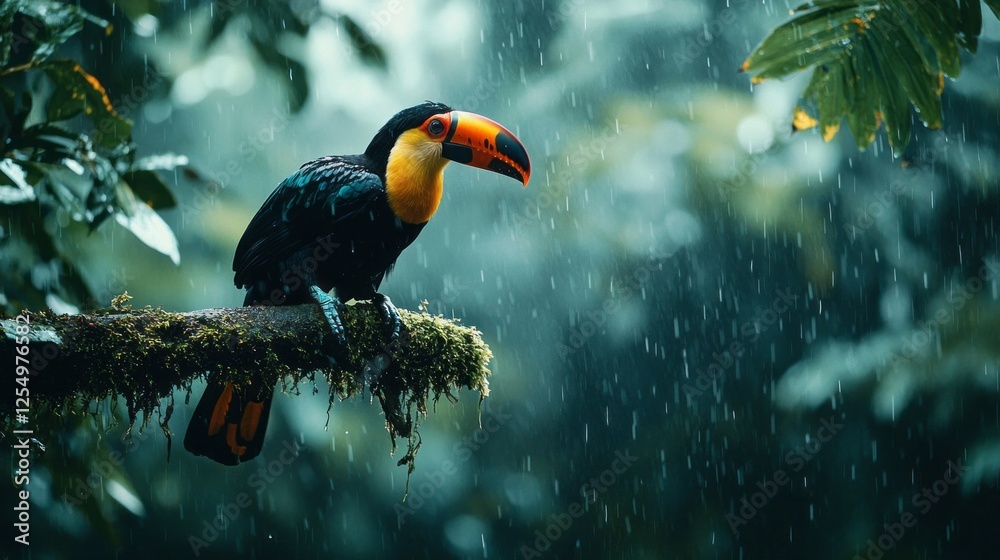 Fototapeta premium A vibrant toucan with a striking orange and yellow beak sits gracefully on a moss-covered branch. Raindrops fall around it, creating a serene atmosphere in the tropical rainforest