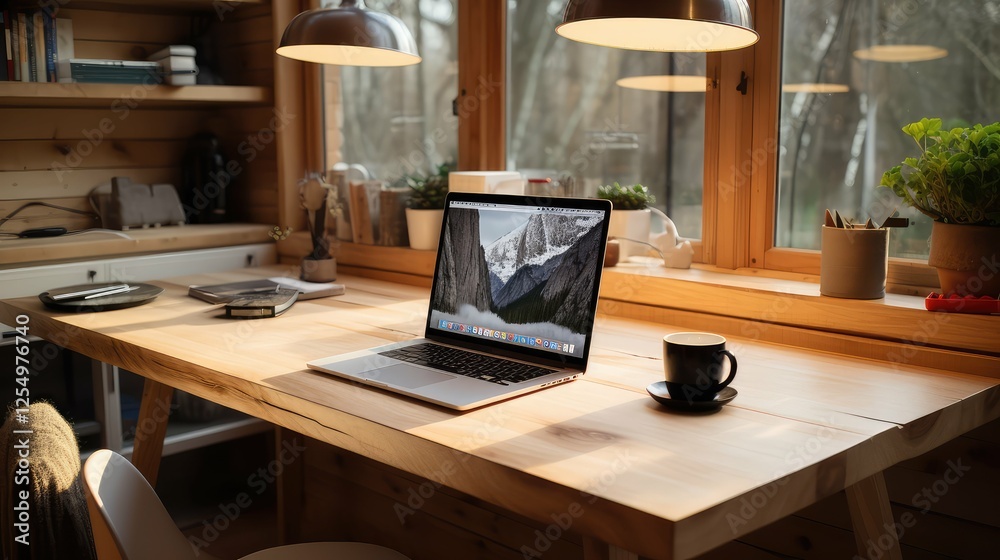 Fototapeta premium notebook light wood table top