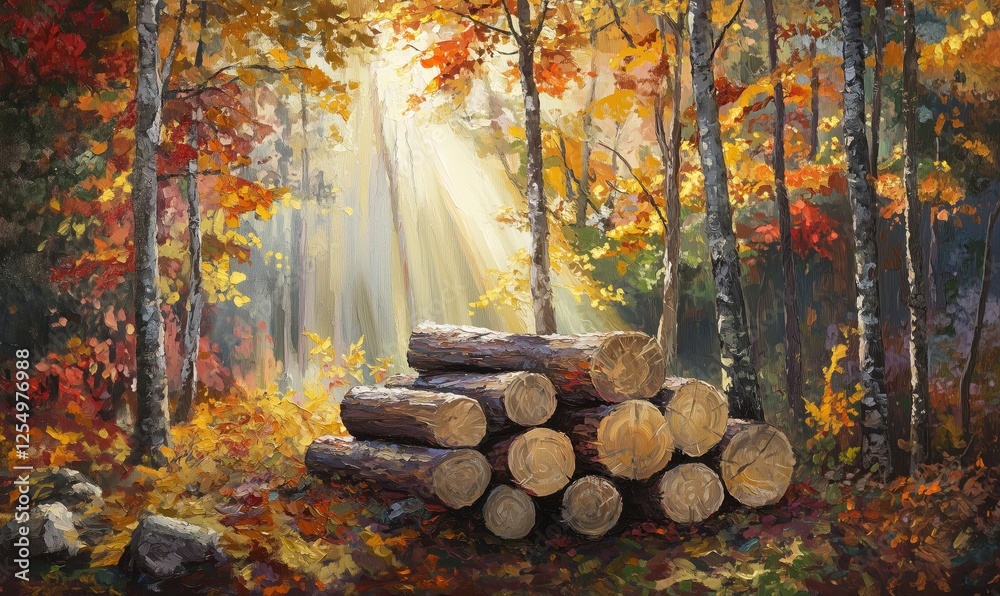 Autumn forest scene with stacked logs, vibrant foliage, sunlight filtering through trees Autumn forest scene with stacked logs, vibrant foliage, sunlight filtering through trees