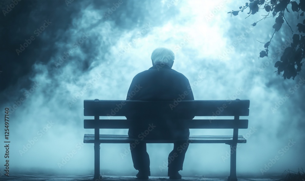 Elderly man sitting on bench in foggy park, contemplative atmosphere, solitude, mystery Elderly man sitting on bench in foggy park, contemplative atmosphere, solitude, mystery