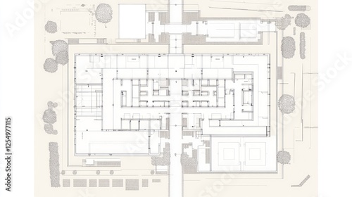 Architectural floor plan of a large building, showing rooms, corridors, and landscaping.