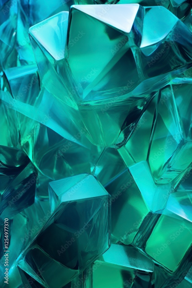 Obraz premium Close-up of teal,faceted crystals, reflecting light. Abstract texture of gemstone-like forms.