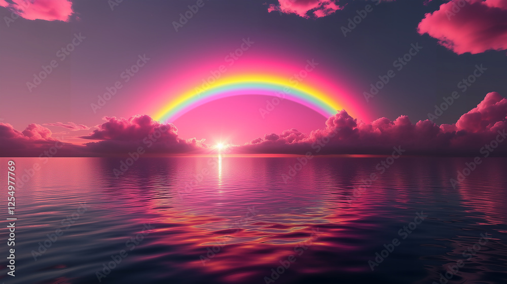 Ethereal Beautiful Sunset Ocean background with vivid rainbow arching across the sky, with a tranquil, peaceful, and serene feel Ethereal Beautiful Sunset Ocean background with vivid rainbow arching across the sky, with a tranquil, peaceful, and serene feel