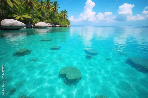 Coral Reef in the Crystal Clear Sea of a Tropical Paradise with Blue-Green Waters and Sunny Skies photo